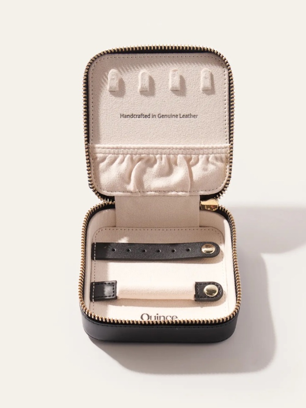 Quince Black and Cream Leather Travel Jewelry Case